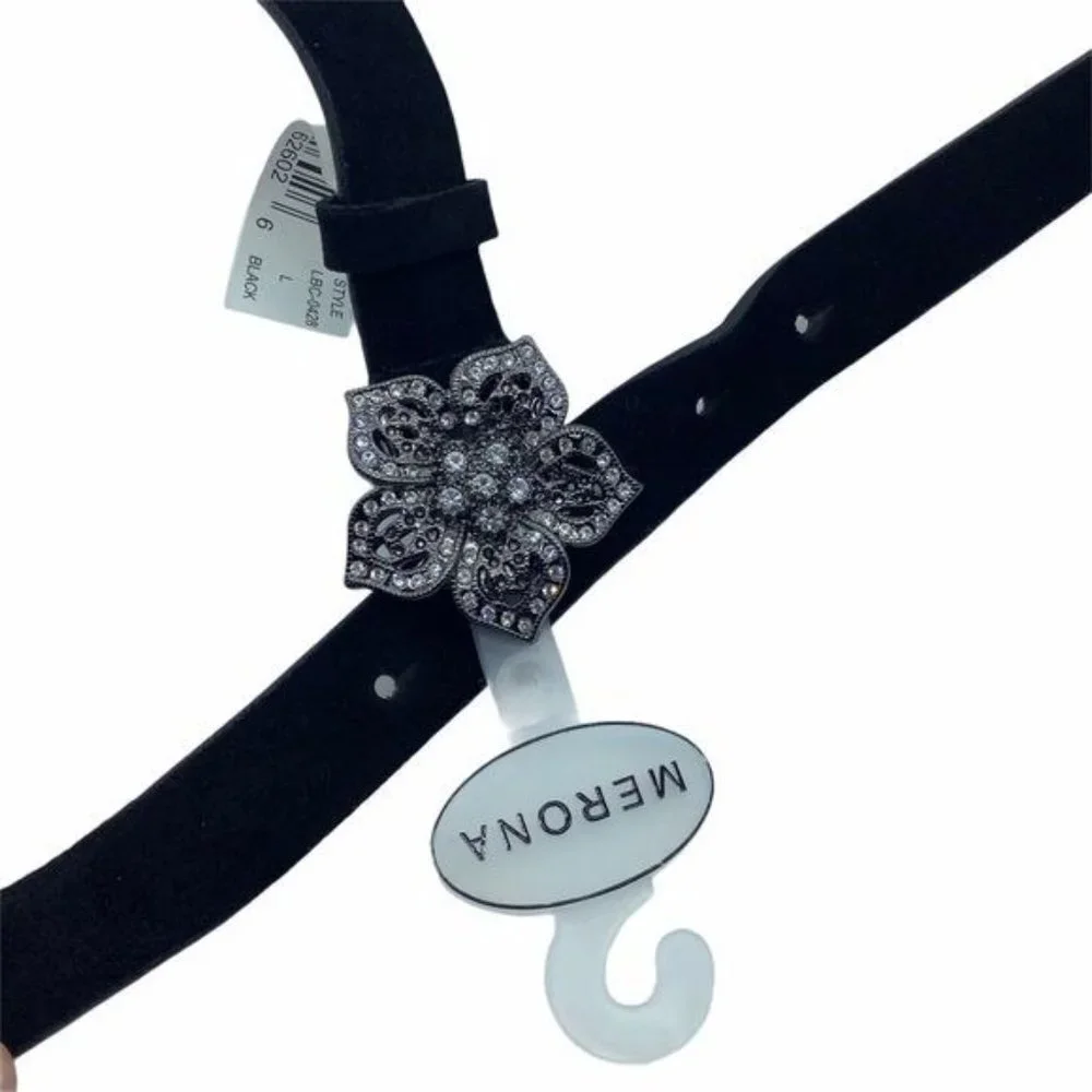 NEW Merona Women Black 100% Suede Rhinestone‎ Flower Buckle 1